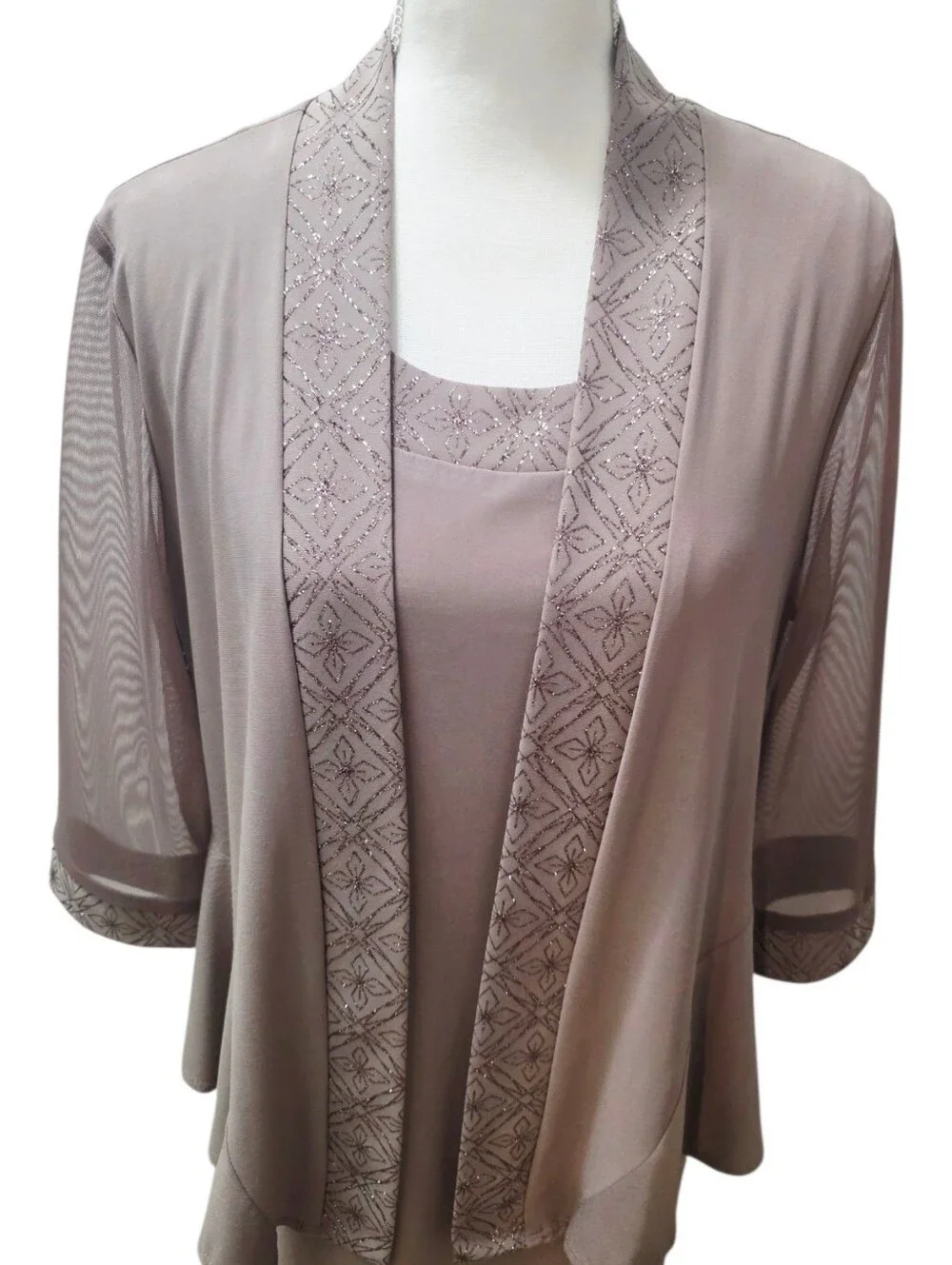 R&M Richards Size 12 Taupe Shimmer Trim Dress & Sheer Sleeve Jacket Set EUC